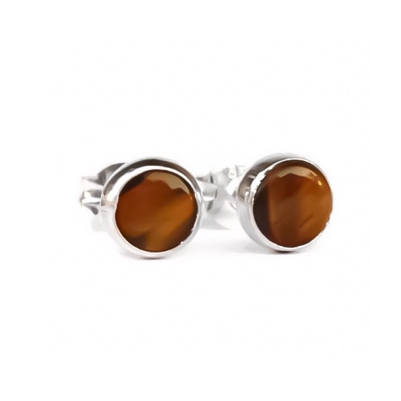 925 Sterling Silver 5MM Genuine Tiger’s Eye Bezel Set Gemstone Stud Earrings - Picture 3 of 8